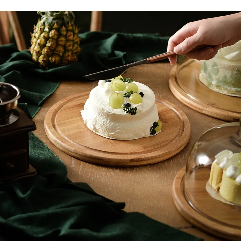 Simple Wooden Cake Stands Glass Cover Bread Pastry Dessert Plate Home Kitchen Tools Fruit Display Snack Trays