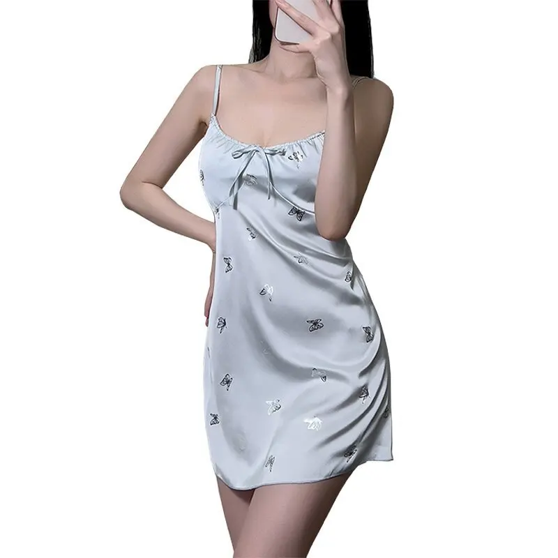 Women's Sexy Sleeping Skirt Pure Desire Laser Butterfly Strap Sweet Sleeping Skirt Ice Silk Cool and Comfortable Home Clothes