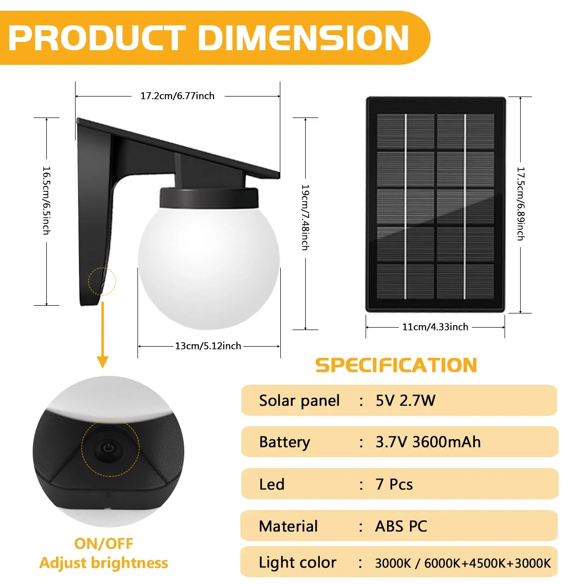 RGB Solar Wall Lights Adjustable Brightness Color IP65 Waterproof Solar Bulb Light for Garden Yard Gate and Pathway Lighting