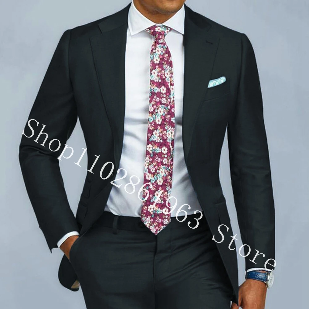 Black 2 Pieces Men Suits Blazer Pants Slim Fit Business Male Suits Bridegroom Groomsmen Wedding Tuxedos Groom Wear Costume Homme