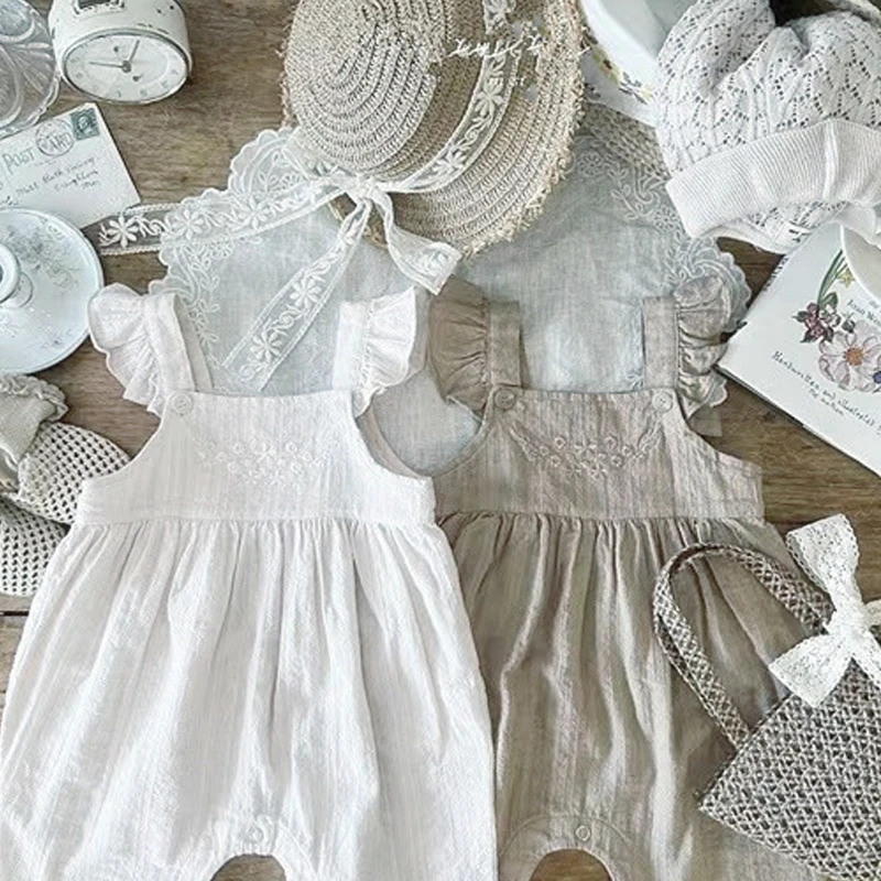 

Baby Clothes Girls Sleeveless Jumpsuit 2023 Summer Embroidered Flower Infant Girl Flying Sleeve Romper Toddler Cotton Overalls