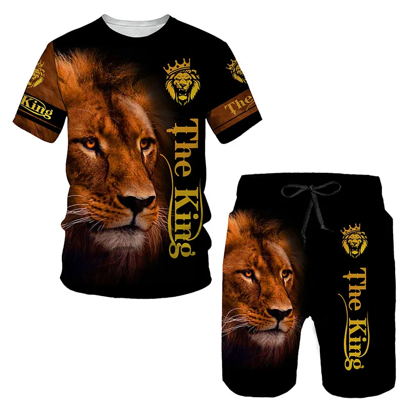 Summer Men T-shirt Set Tracksuit Cool Lion 3D Printed Short Sleeve Pants 2 Piece Casual Suit Sportswear Fashion Men's Clothing