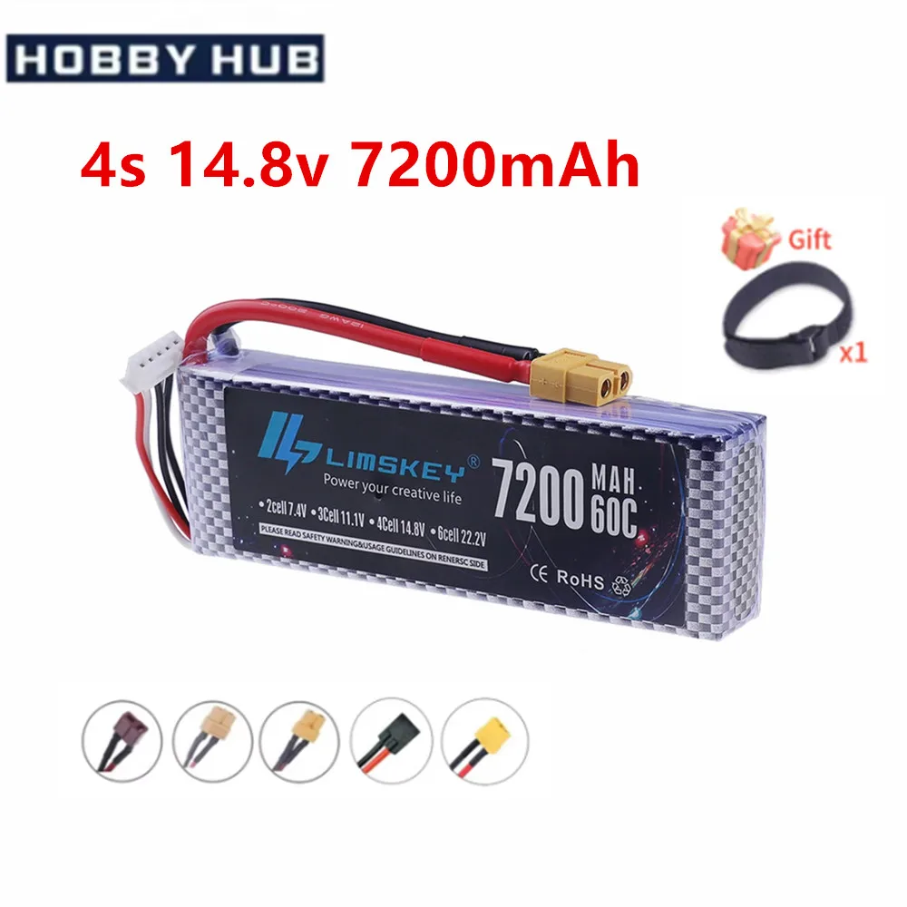 Gros plan sur la batterie Lipo 4S 14.8V 7200mAh 60C montrant les connecteurs XT60 et XT90.
