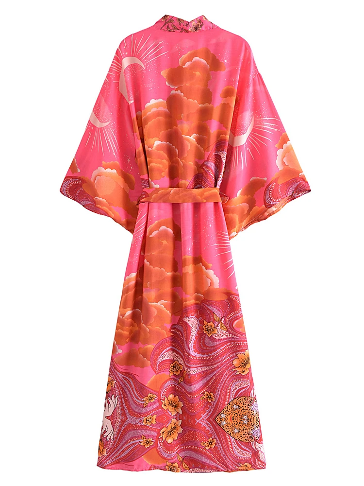 Women Star and Moon Floral Print Bat Sleeve Beach Bohemian Kimono Dress Robe Ladies Summer Boho Bikini Cover-ups