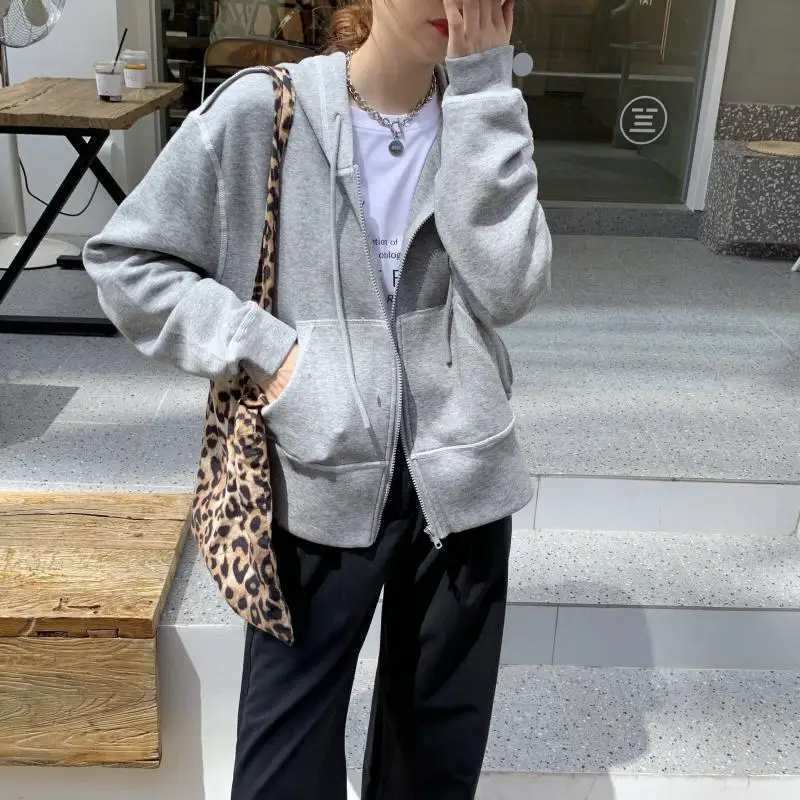 Grey Coat Women Hooded Sweater Loose Long Sleeve Spring and Autumn Sweater