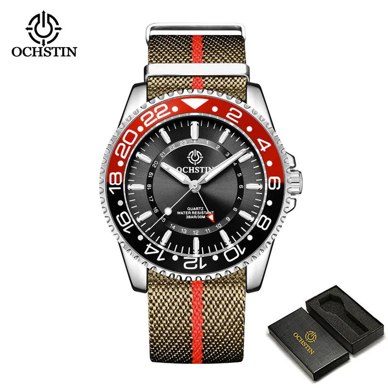 OCHSTIN Orginal Quartz Mens Watch Waterproof 24 Hours Time Zone Luxury Male Wristwatches Luminous Hands Rotating Bezel Design 