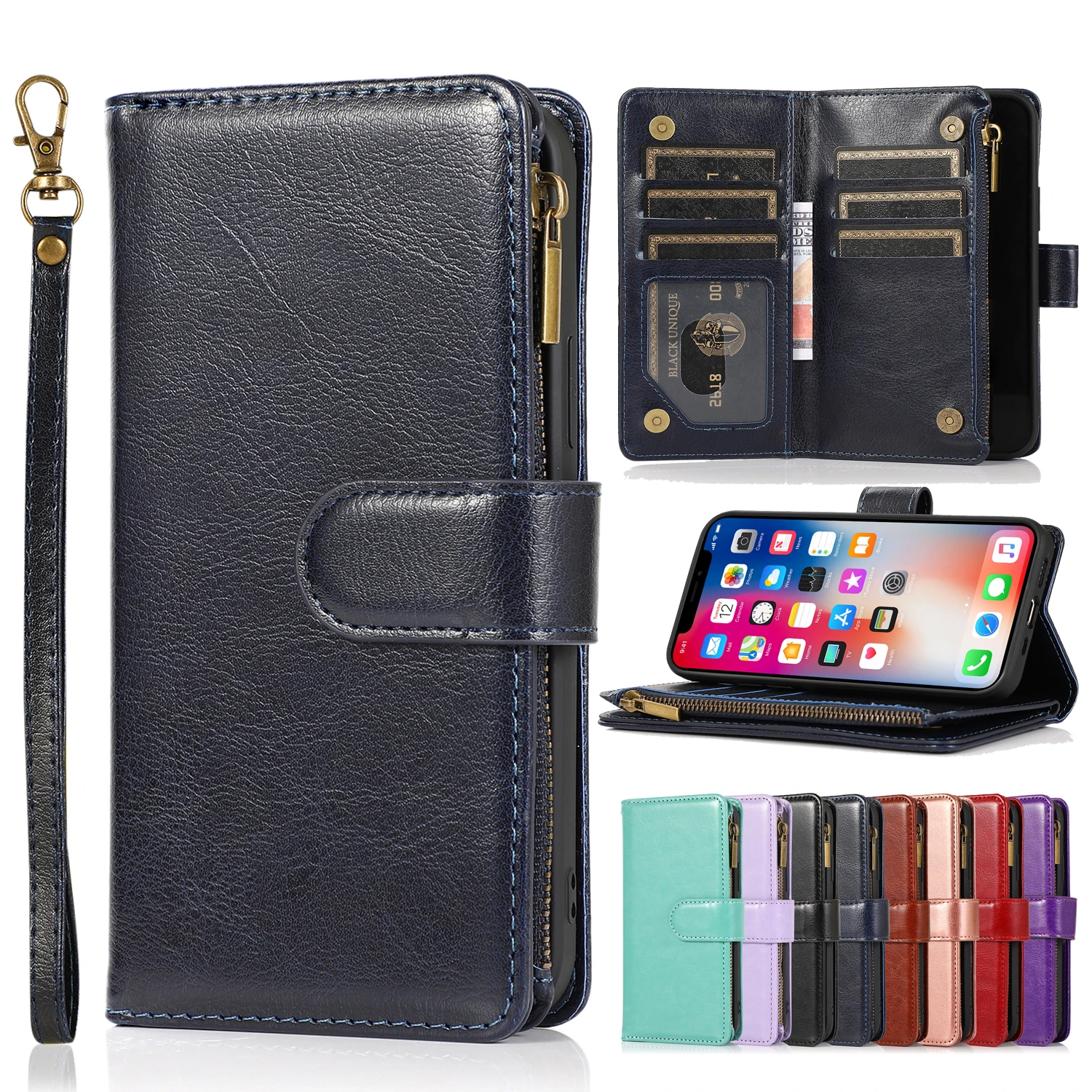 

Multi Card Slots Flip Leather Case for iPhone 13 12 11 14 Pro Max Xs Xr 7 8 Plus 6 6s Se2020 SE3 Wallet Cover Zipper Stand Coque