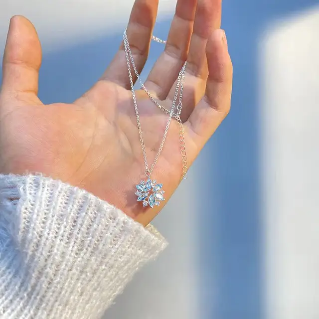 Fashion Blue Snowflake Flower Pendant Choker Necklace for Women's Zircon New Year Gift Party Festival Clavicle Chain Jewelry 3