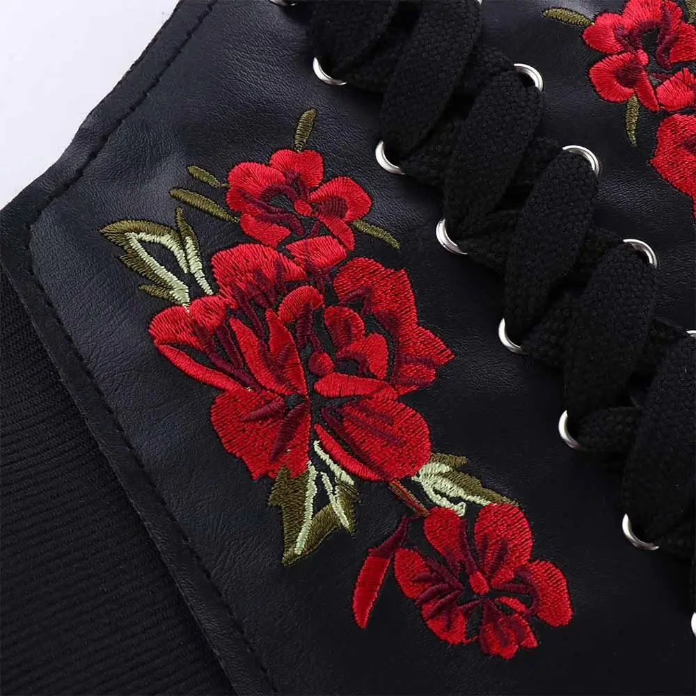 Goth Punk Slimming Embroidery PU Leather Rose Pattern Women Belt Female Dress Cummerbunds Waistband Waist Corset