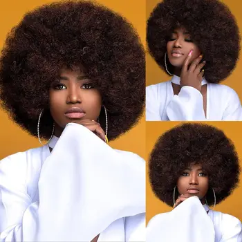 Parrucca bionda riccia afro crespa per capelli sintetici per le donne Mix marrone anni '70 fatta a macchina enorme con frangia corta rimbalzante per l'uso quotidiano nelle feste