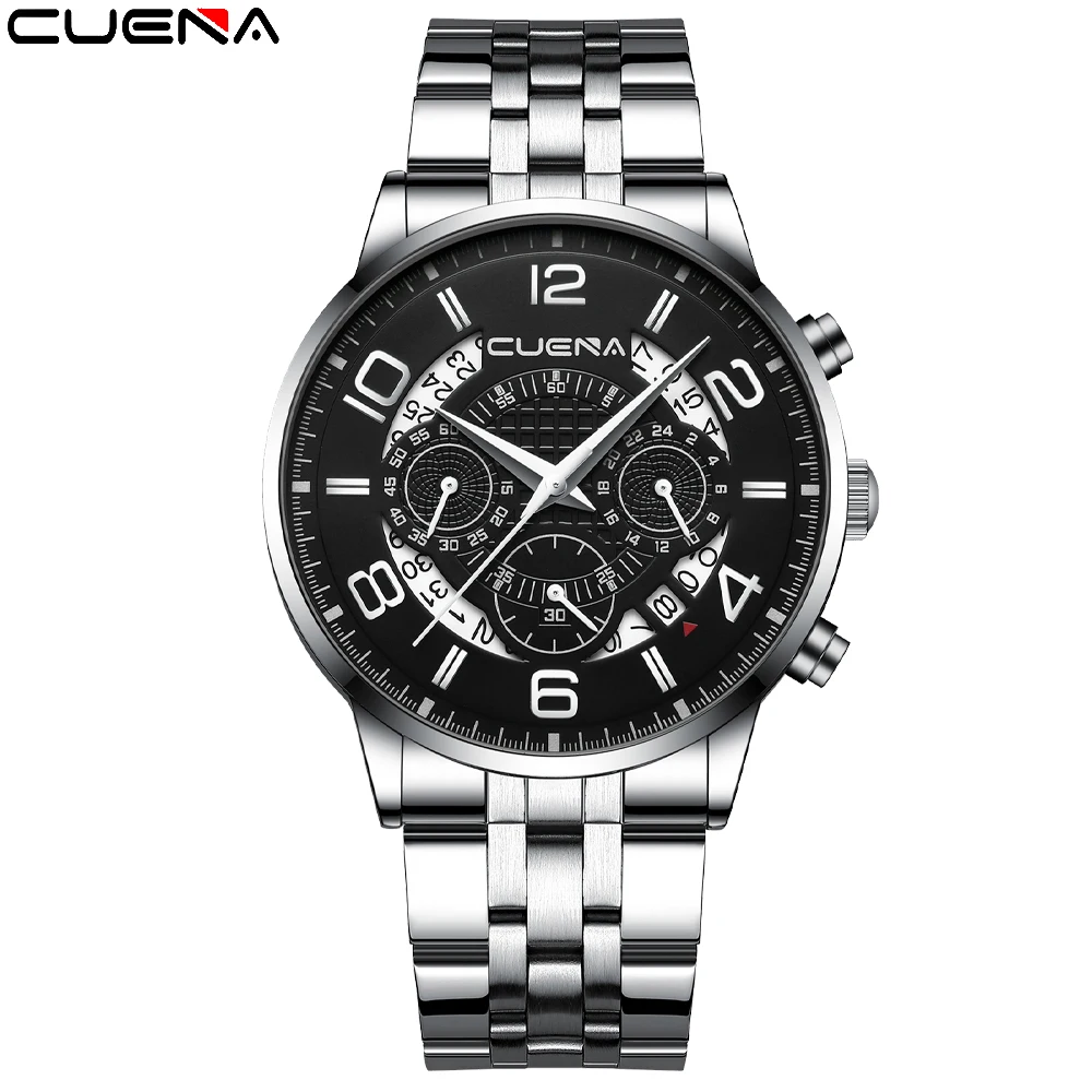 

CUENA Brand Gold Watch Men's Automatic Date Hollow Trend Quartz Watch Stainless Steel Band Waterproof Fashion Watches