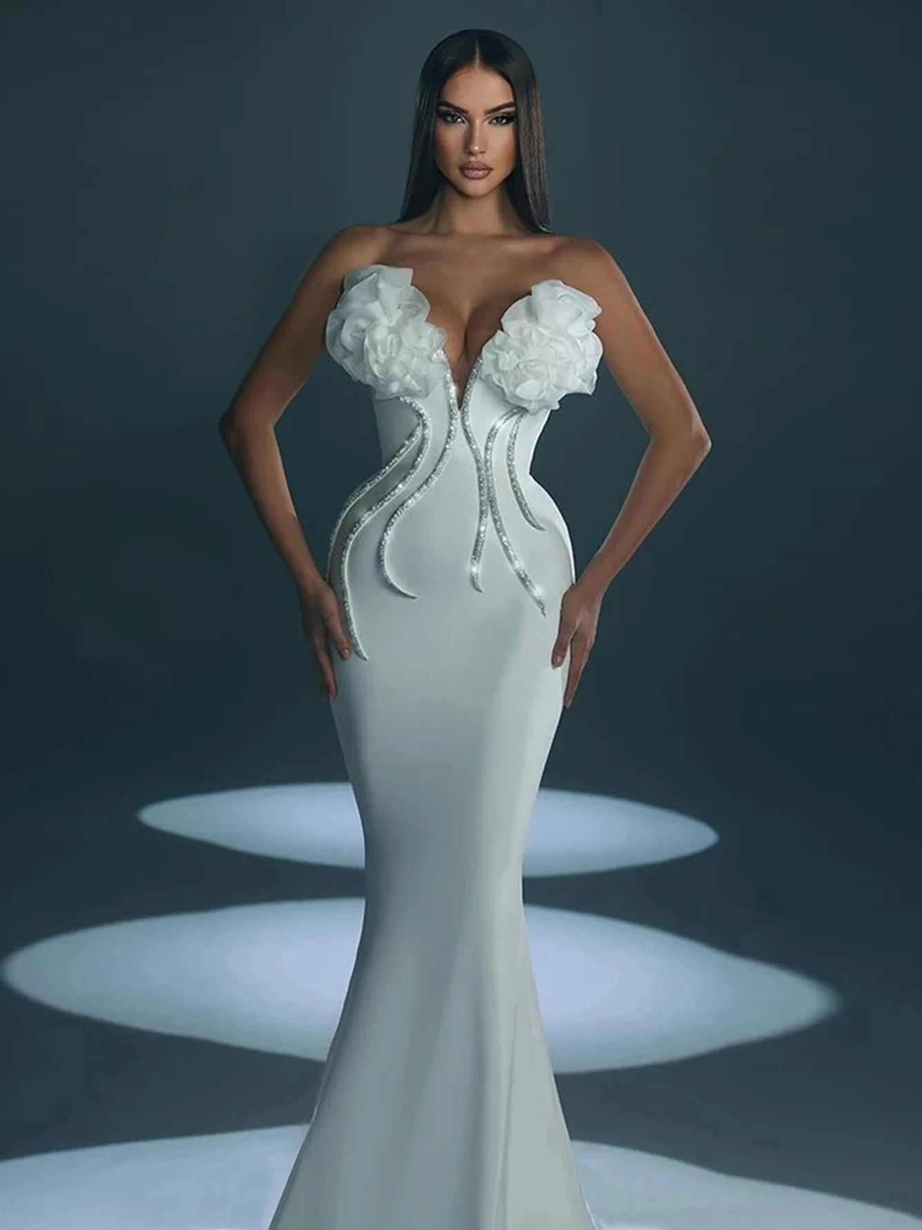 

Women Celebrity Sexy Strapless Backless Beading Diamonds White Maxi Long Bandage Dress 2024 Elegant Evening Club Party Dress