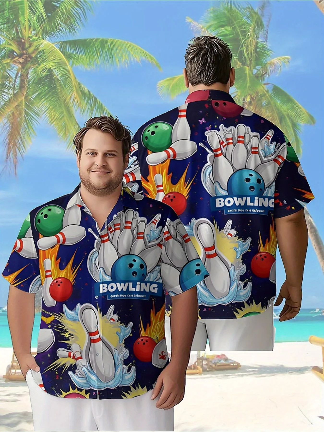 Men's Plus Size Hawaiian Shirts Space Bowling Pattern, Button Up Shirts, Unisex Casual Clothing, Summer Tops