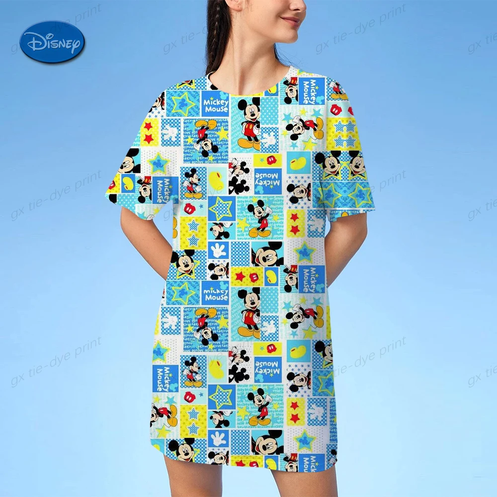

Disney Mickey Minnie Summer Women 3D Print Dresses Short Sleeve Midi Dress Fashion Sundress Female Clothing Y2K Nightdress