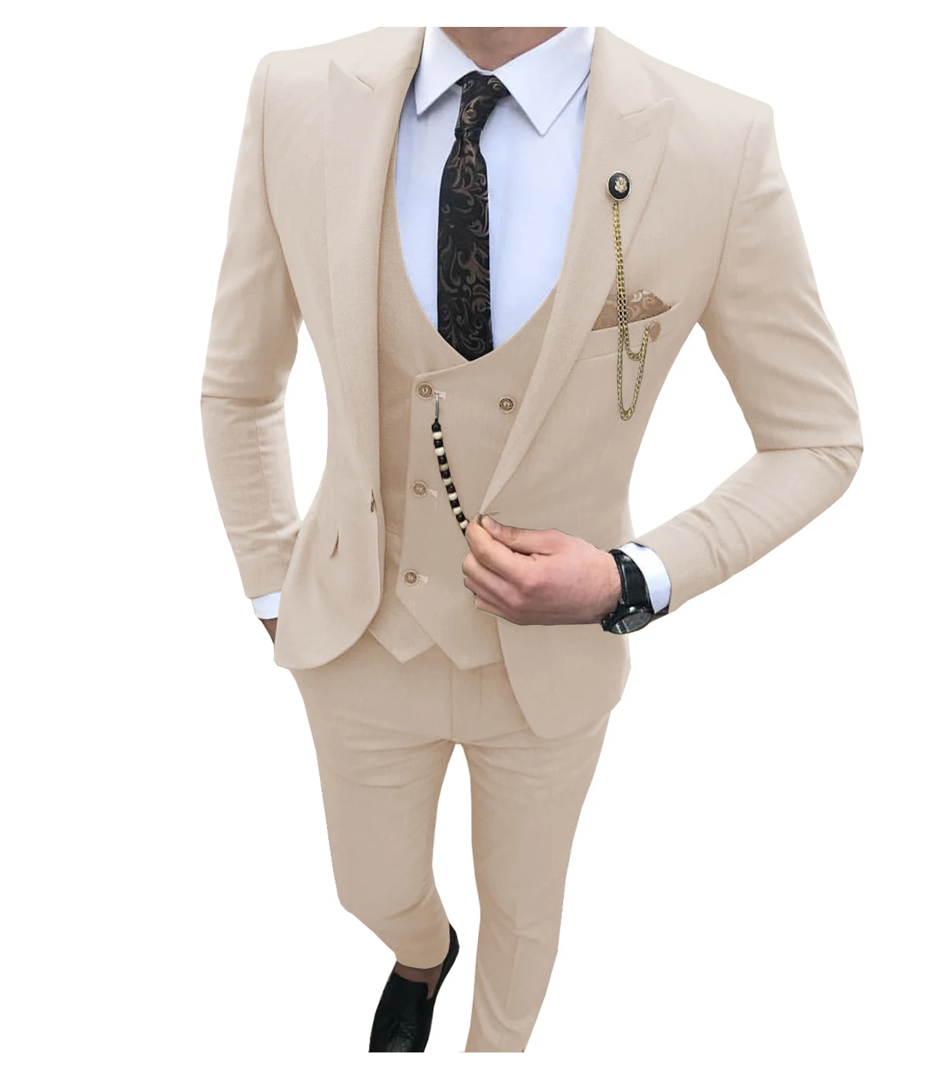 Elegant Suits For Men Wedding Slim Fit 3 Piece Grey Casual Prom Tuxedos Groom Peaked Lapel Business Men Suit(Blazer+Vest+Pants)