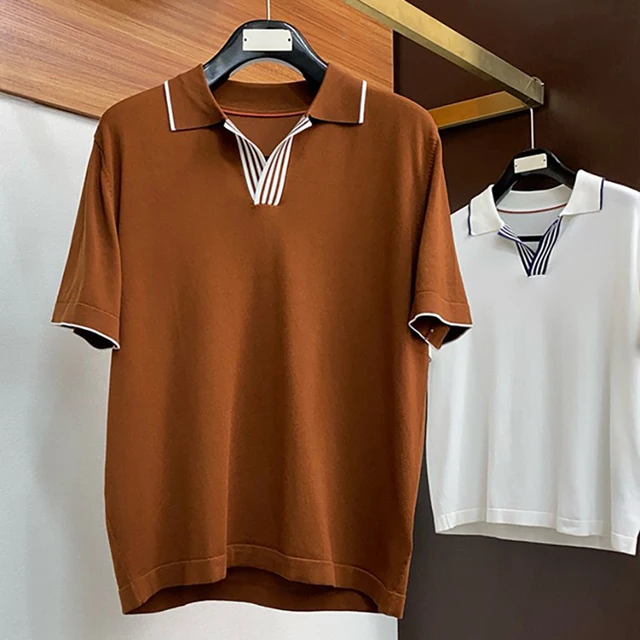 Italian men's summer new solid color business casual men's lapel knit short-sleeved POLO shirt 5