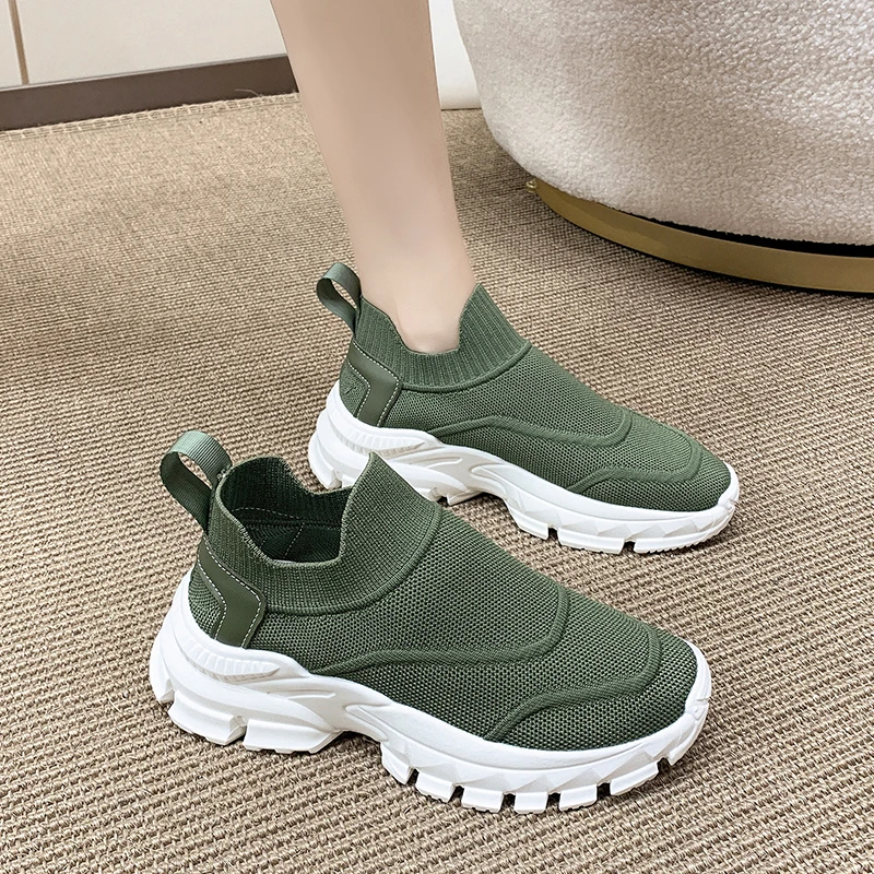 Stretch Knitted Wedge Sneakers Woman Sports Breathable Mesh Vulcanize Shoes Woman Platform Slip on Walking Shoes Mujer