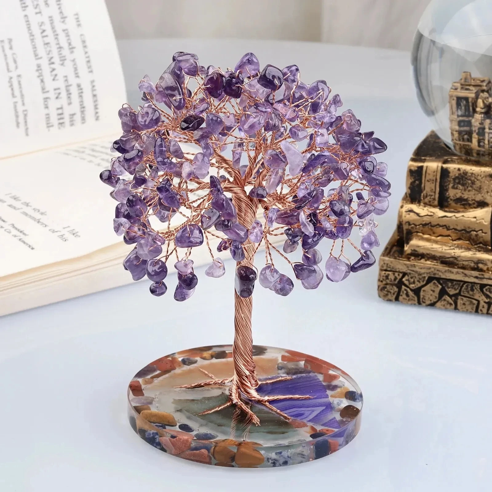 

Amethyst Healing Crystals Stones Tree Wire Wrapped on Natural Agate Slice Base Home Desk Living Room Crystal Decor Mini Sized