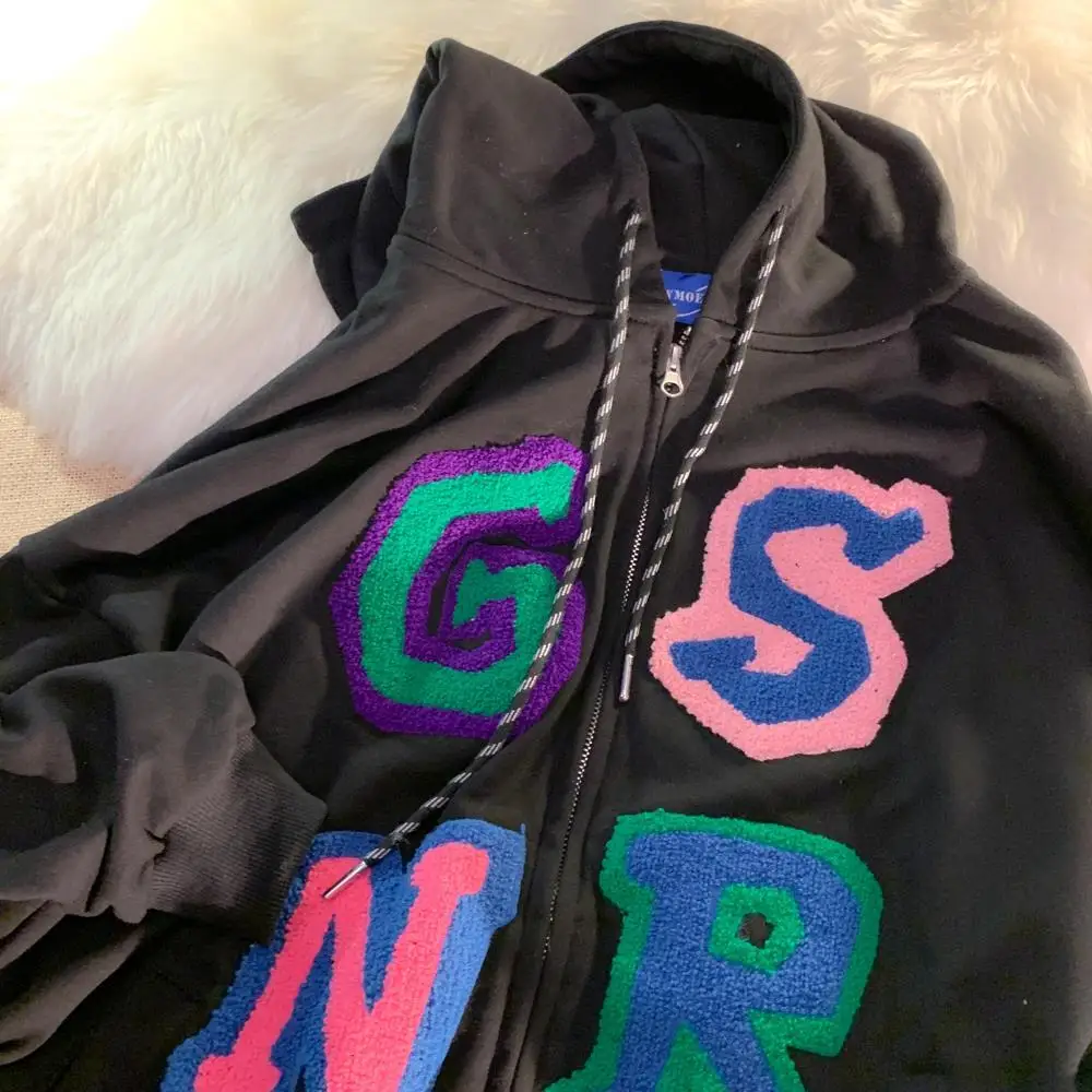 

Multicolor Letter Flocking Cardigan Sweatshirt Women Zipper Long Sleeve Casual Hoodies for Teens Student Kawaii Clothes Autumn