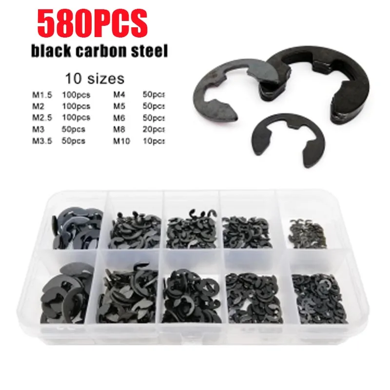 Washer M1.2 to M15 Black Carbon Steel External Retaining Ring E Clip Snap Circlip 580/1000pcs for Shaft Assortment Kit