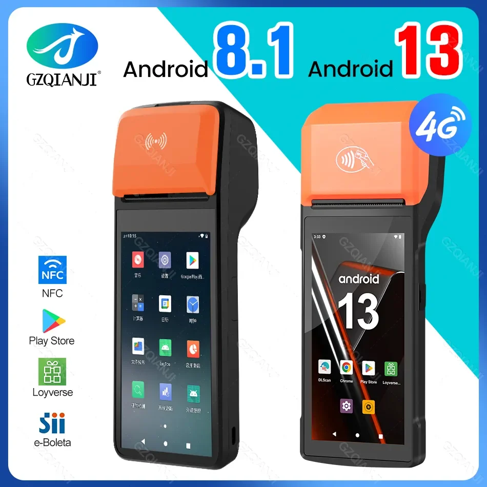4G Wireless Wifi Handheld PDA Printers Android 8.1 13 POS Terminal Touch Screen Built-in 2D Barcode Scanner NFC Card Reader card reader barcode scanner handheld pda printer