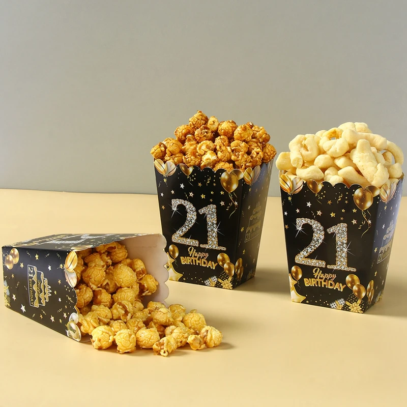 Description Picture 4 of item6pcs Birthday Paper Popcorn Box Black Gold Party Favor Treat Box for 18 21 30 40 50 60 Years Old Aldult Birthday Party Suplies
