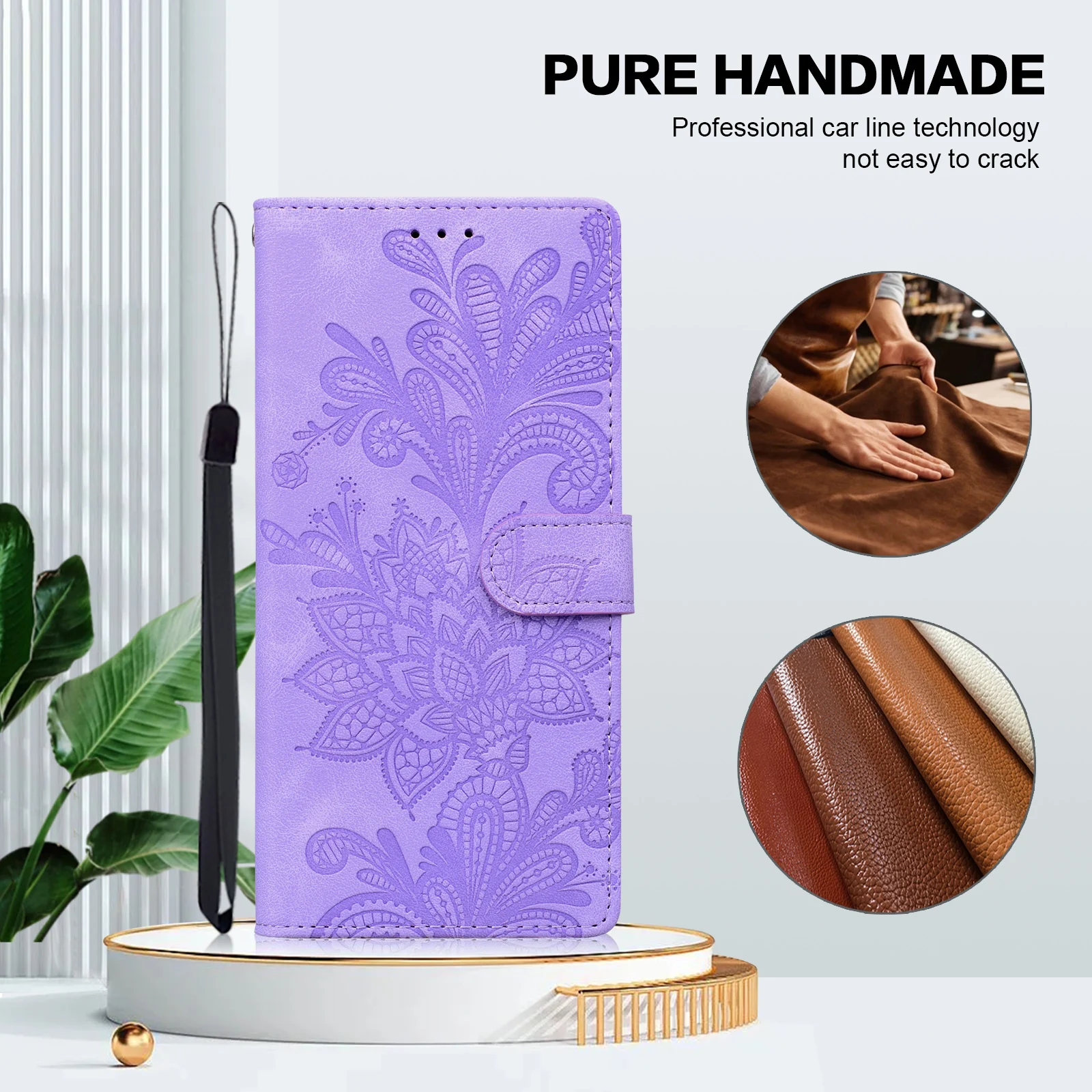 Embossed Solid Color Magnetic Flap Leather Wallet Case