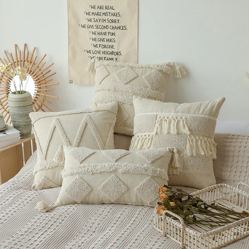 

Beige Geometric Pillow Cover Soft Tufted Throw Cushion Covers Tassel Pillowcases For Living Room Bedroom Tatami Home Decor