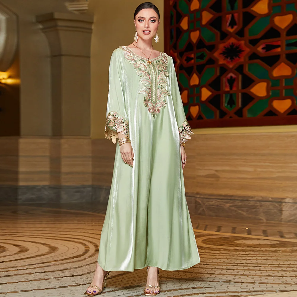 Abaya For Women V-neck Long Sleeves Print Long Dress  Mint Green Golden Cotton Spliced Lace Embroidery Dress Women Clothing