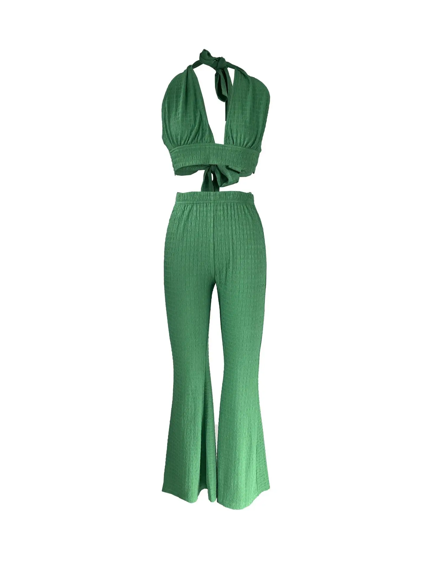 Nightclub Party Sets for Women 2 Pieces Sexy Backless V Neck Sleeveless Halterneck Crop Top Suit Summer Fashion Flared Pant Sets