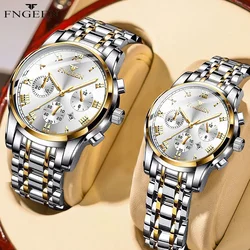 Elegant BINBOND Couple's Stainless Steel Waterproof Quartz Watches - Perfect Valentine Gift (Couple Gold White)