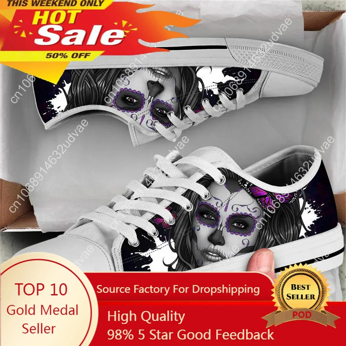 Breathable Women's Flat Sneakers Day Of The Dead Skull Girl Design Light Lace Up Vulcanized Shoes Versatile Casual Canvas Shoes