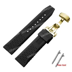 Breathable Silicone Watch Strap with Quick Release Butterfly Buckle - Multiple Sizes - 22mm (Black - gold)
