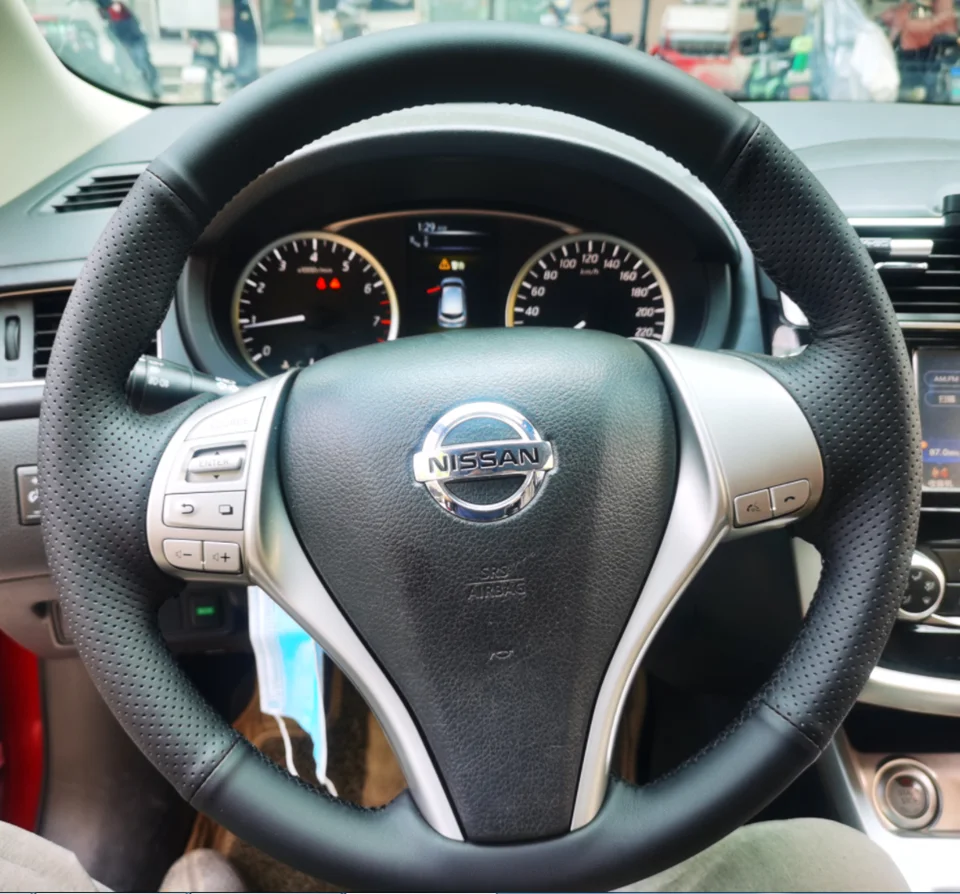 Hand genähte schwarze Auto lenkrad abdeckung aus Mikro faser leder für Nissan Teana 2014-2018 Altima 2008-2015 x-Trail 2014-2018 – Detail 1