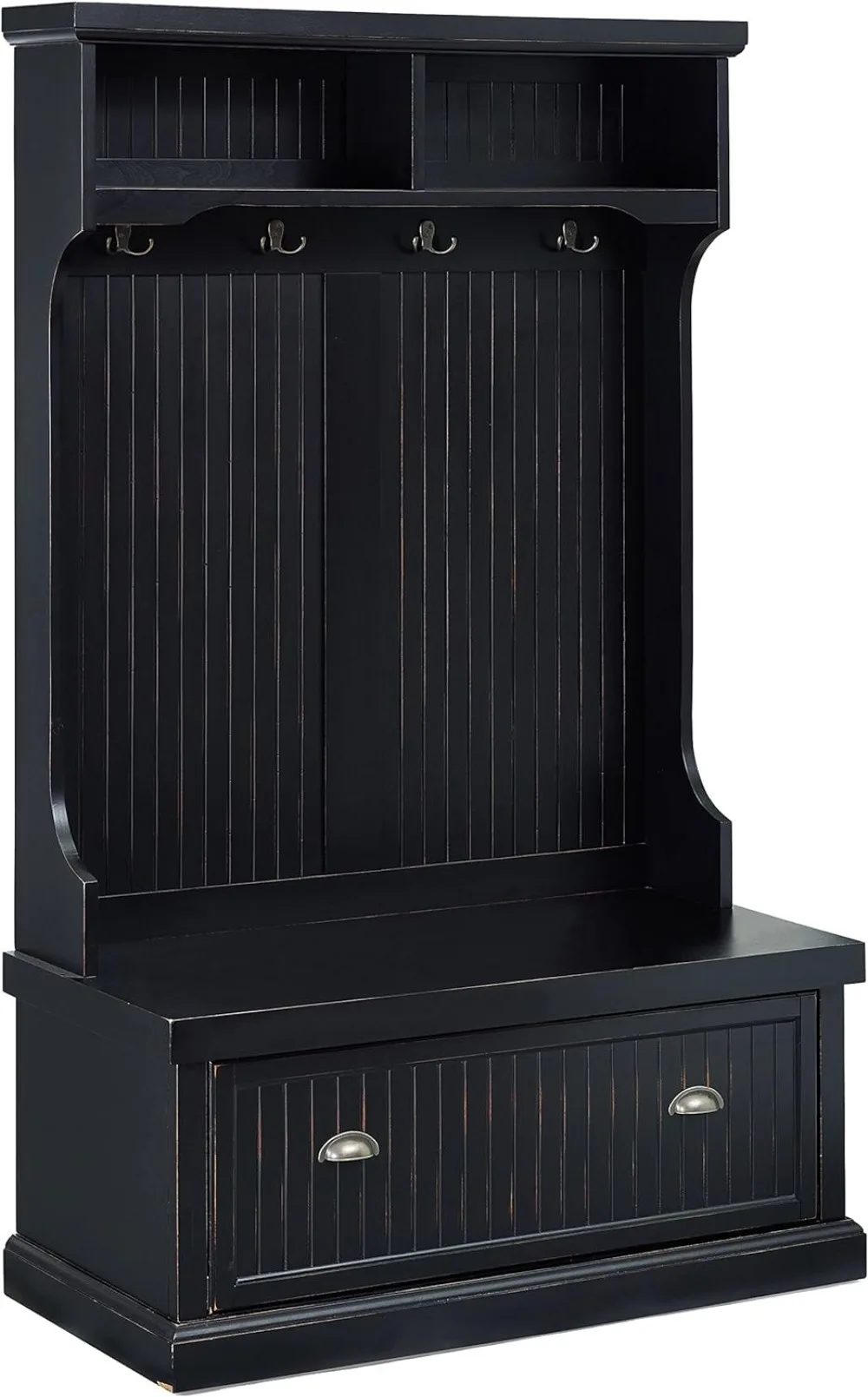

Seaside Hall Tree Entryway Bench with Coat Rack and Shoe Cabinet Distressed Black Multifunctional Minimalism
