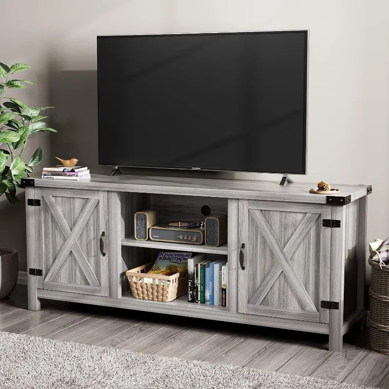 

Modern Farmhouse TV Stand with Two Barn Doors and Storage Cabinets for Televisions up to 65+ Inch