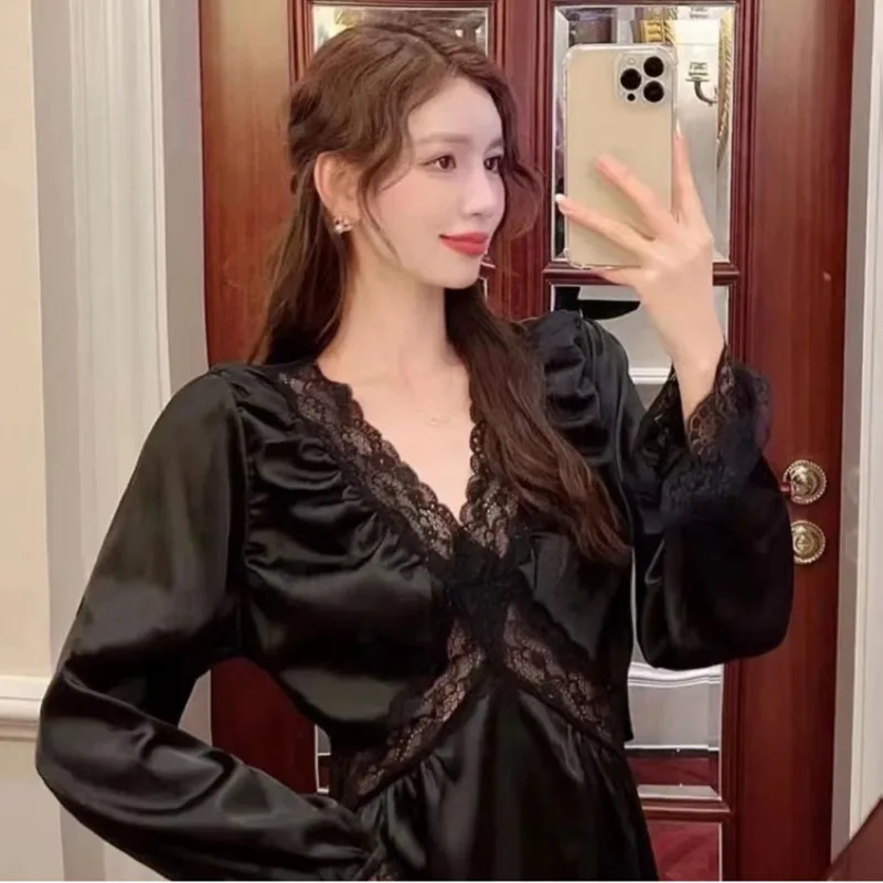 Sexy Womens Nightgown Sexy Long Sleeve Ice Silk Nightdress French Court Style Sleepshirt Spring Nightwear Pajamas Home Sleepwear