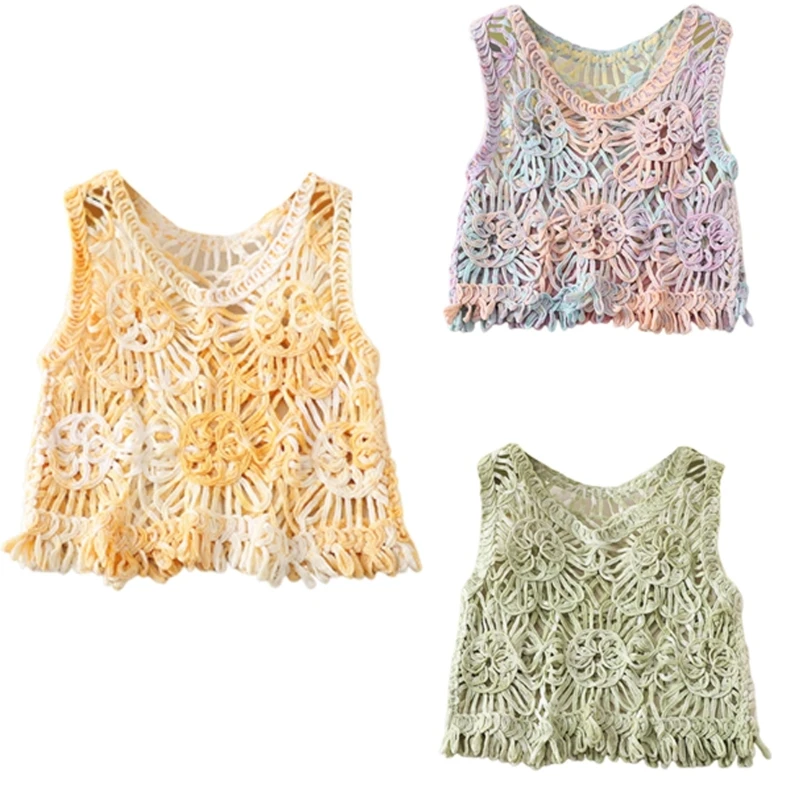

Women Crochet Knitted Flower Crop Top Round Neck Beach Loose Vests Cover Up