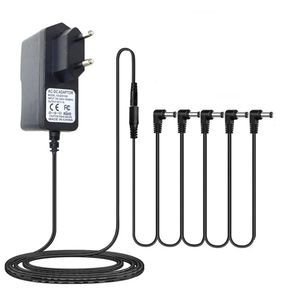 Guitar Power Supply Adapter 9V DC US UK EU Plug Tip Negative 5 Way Daisy Chain Cables for Most Guitar Pedals