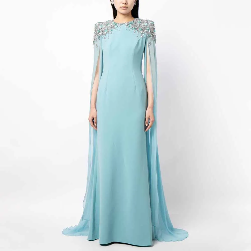 

Light Sky Blue Wedding Party Dress Crystal Clock Sleeves O Neck Luxury Evening Dresses for Women Mermaid/Trumpet Evening Gowns