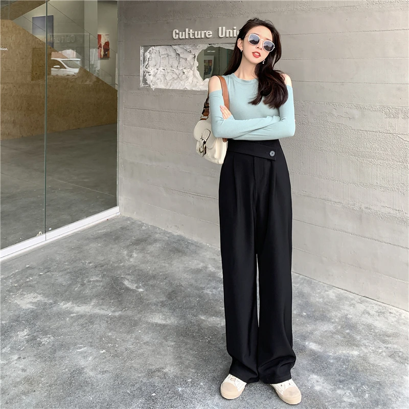 Women High Street Fashion Button Office Pants 2024 Spring New Casual Wide Leg Solid Color Ladies Long Pants Elegant Trousers Pop