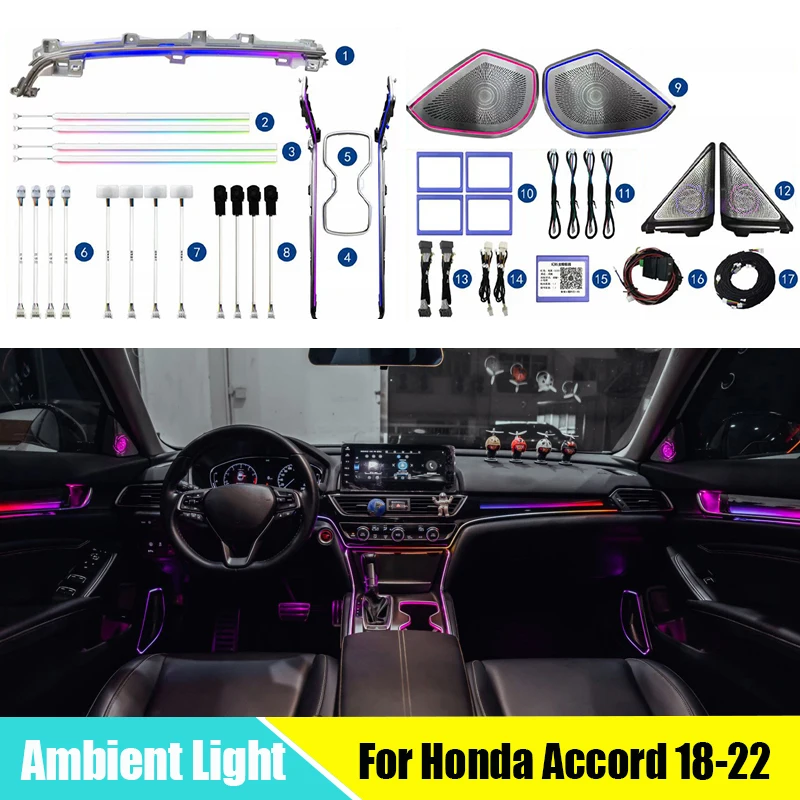 

LED Car Interior Ambient Light For Honda Accord 2018-2022 Dynamic illusion Symphony Ambient Lamp Button +APP Control