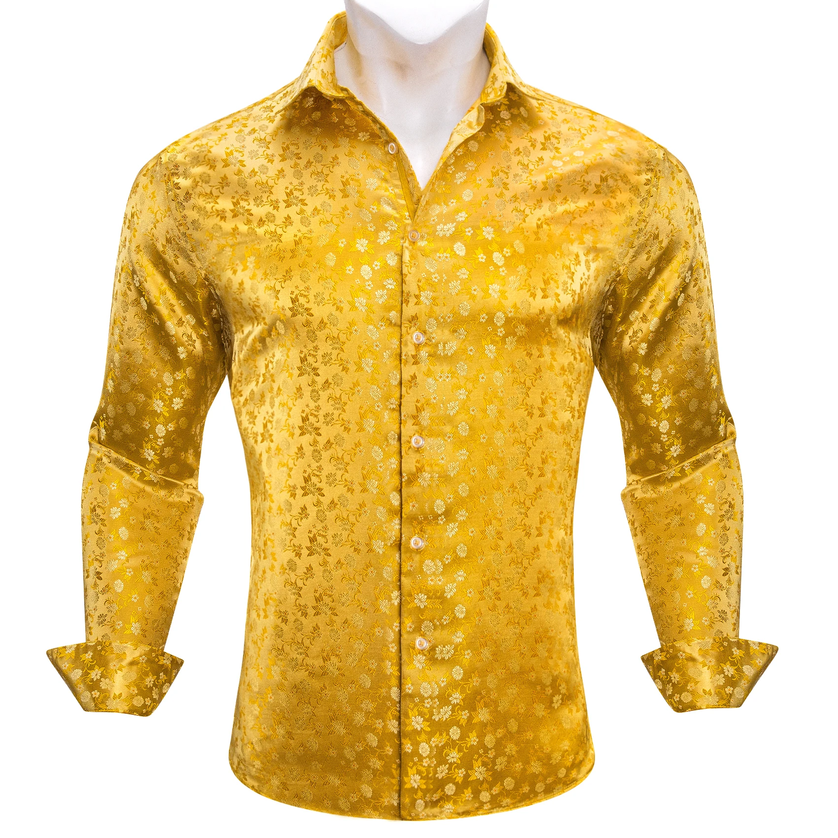 

Luxury Shirts for Men Spring Silk Gold Yellow Floral Long Sleeve Slim Casual Regular Embroidered Men Dress Cloth Top Barry Wang