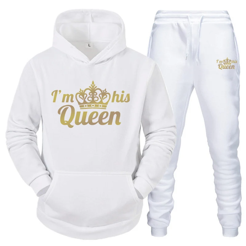 Lover Tracksuit King or Queen Pirnted Hooded Sweatshirts and Jogger Pants 2Pieces Set Classic Fashion Casual Couple Sportswear