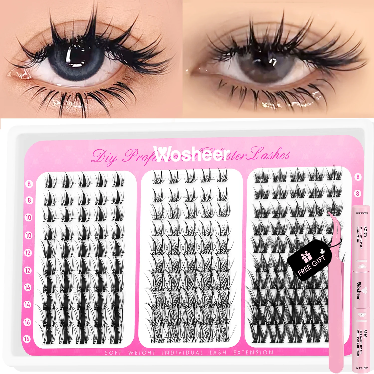 Manga Lash Clusters Kit WOSHEER Manga Lash Clusters Kit Cat Lashes with Lash Bond & Seal Cluster Eyelash Extensions Mixed Tray Eyelash Clusters Kit