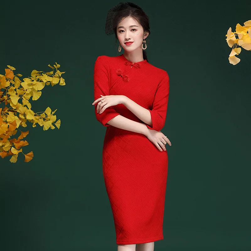 

High-Strength Chinese Clothing Red Dress Cheong-sam Tight Fitting Qipao