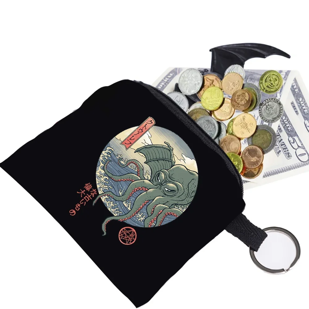 Purse Unisex Coin Bag Earplugs Key Storage Bag Small Object Ring Buckle Zipper Black Canvas Wave Print Pattern Series
