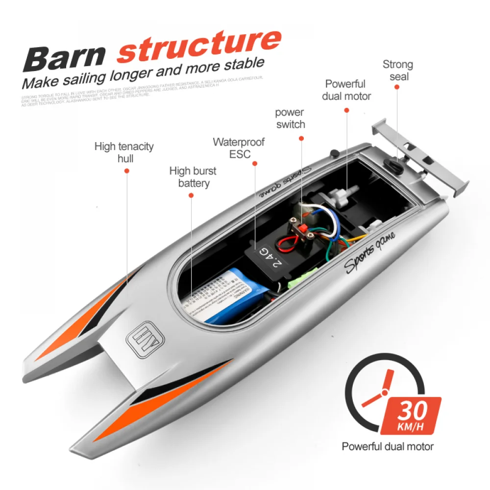 Bateau télécommandé rapide 2.4GHz 30km/h avec batterie 7.4V 650mAh et émetteur