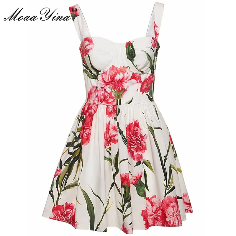 

MoaaYina Fashion Designer dress Summer Women's Dress High Waist Sling Poplin Flower Printing Dresses