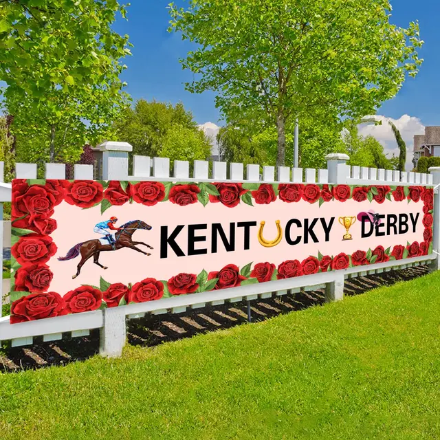 Kentucky Derby Decorations- Run for The Roses Door Cover,Roses Horse Race  Front Porch Sign for Horse Racing Party Door Hanging Banner Door Sign